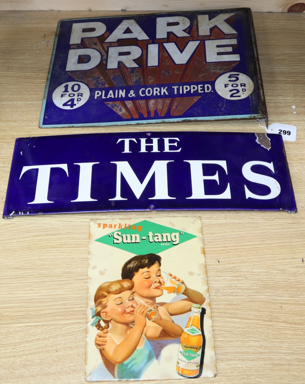 A Park Drive Cigarettes double sided enamel sign, The Times enamel sign and a Sun-Tang sign